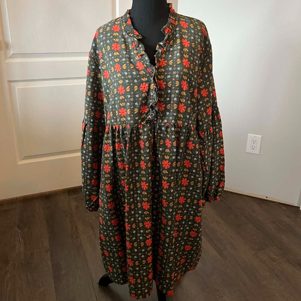 Women's Olive Green Floral Mini Dress with Ruffle Detail